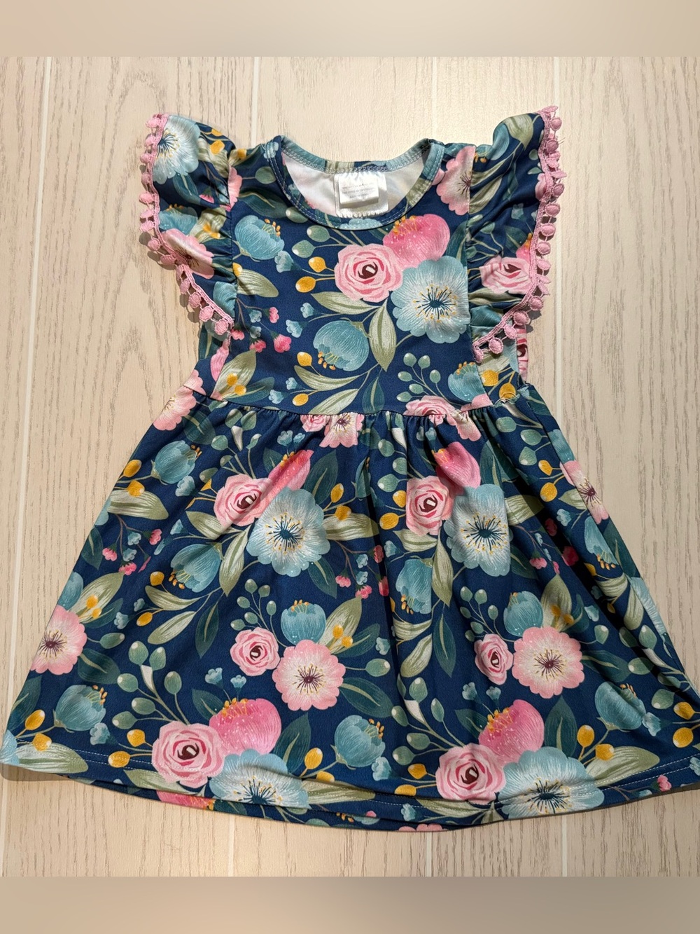 Honeydew Girls Size Small Blue Floral Dress Flutter Sleeve Pom Pom Fit & Flare